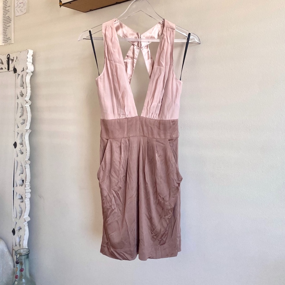 🪞 NWT bebe silky satin halter cross back pleated silky dress in pink nudes